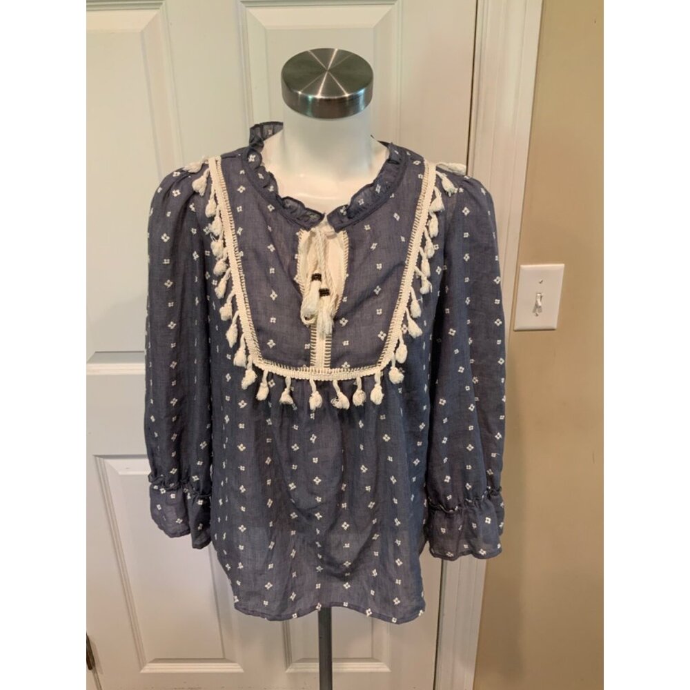 Maeve Blue & White Embroidered Tassel Long Sleeve Top, Size  S